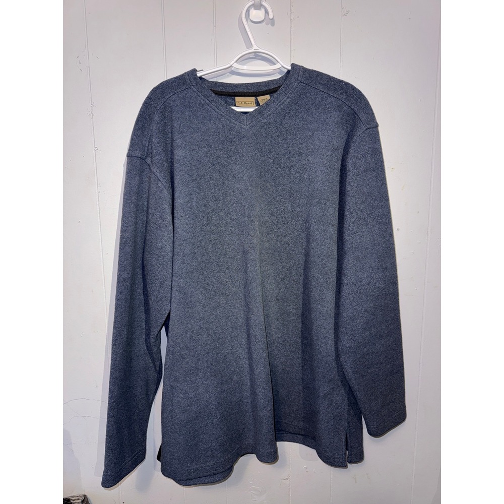 LL Bean Mens Large Tall V-Neck Fleece Pullover Sweater Blue 0RA09 Heathered LG-T